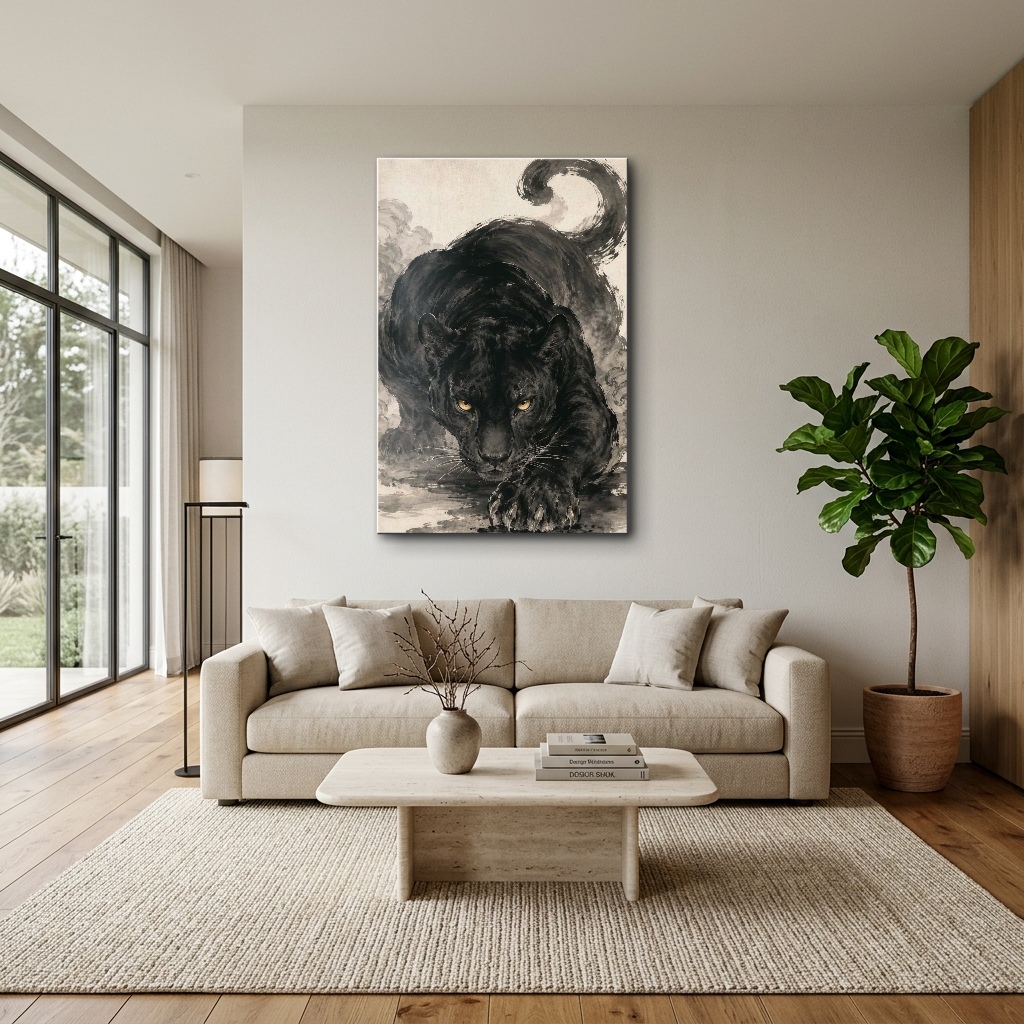 Mürekkep ve Suluboya Dokulu Panter Cam Tablo - Modern Salon Görünümü Mürekkep ve Suluboya Dokulu Panter dikey temperli cam tablo modelinin modern salon ve yaşam alanı duvar dekorasyonu görünümü