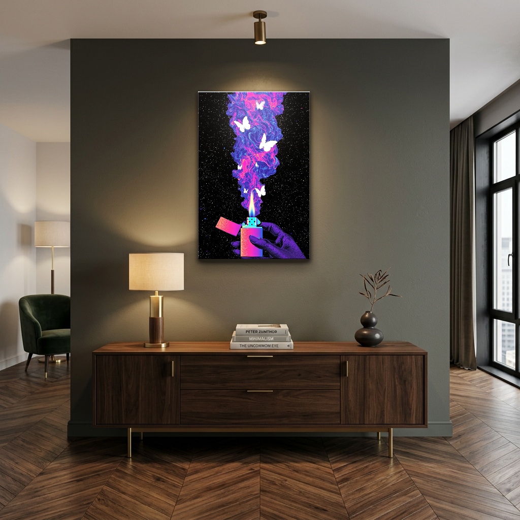 Neon Buluttan Süzülen Kelebekler Cam Tablo - Çalışma Odası ve Ofis Görünümü Neon Buluttan Süzülen Kelebekler dikey temperli cam tablo modelinin çalışma odası ve ofis duvar dekorasyonu görünümü