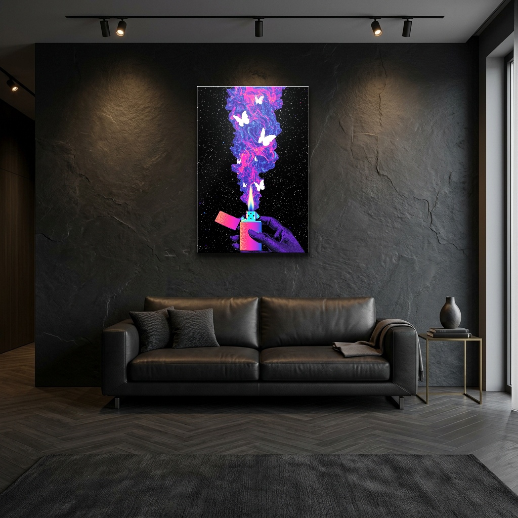 Neon Buluttan Süzülen Kelebekler Cam Tablo - Modern Salon Görünümü Neon Buluttan Süzülen Kelebekler dikey temperli cam tablo modelinin modern salon ve yaşam alanı duvar dekorasyonu görünümü