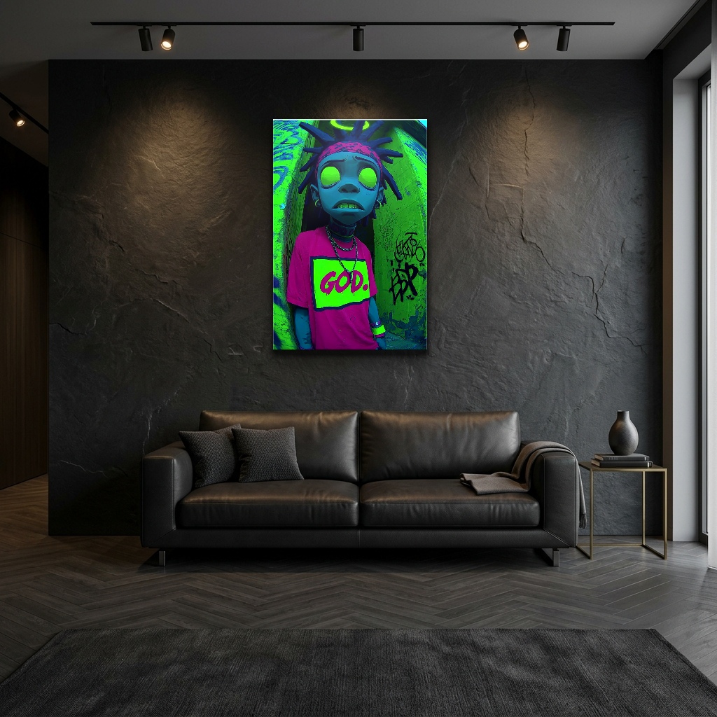 Neon Işıklı Kentsel Sokak Stili Cam Tablo - Modern Salon Görünümü Neon Işıklı Kentsel Sokak Stili dikey temperli cam tablo modelinin modern salon ve yaşam alanı duvar dekorasyonu görünümü