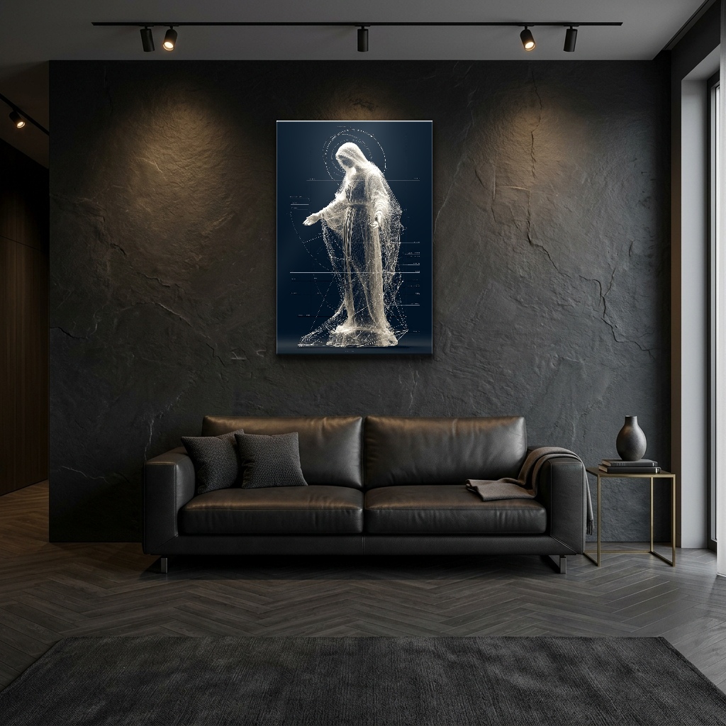 Neon Konturlu Dijital Silüet dikey temperli cam tablo modelinin modern salon ve yaşam alanı duvar dekorasyonu görünümü
