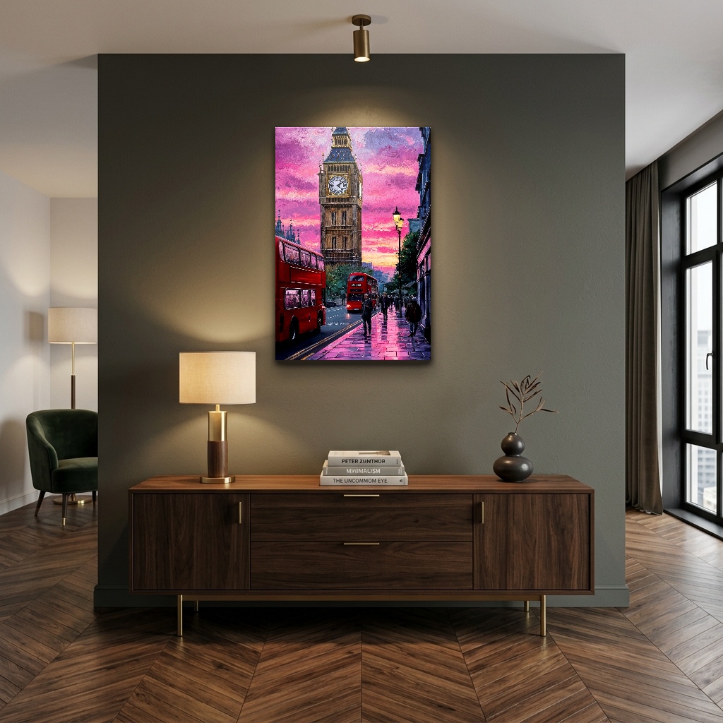 Pembe Alacakaranlıkta Thames ve Big Ben dikey temperli cam tablo modelinin çalışma odası ve ofis duvar dekorasyonu görünümü