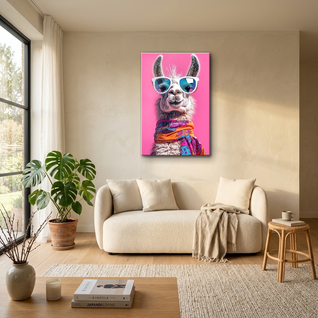 Pembe Zeminde Gözlüklü Neşeli Lama Cam Tablo - Bohem Salon Görünümü Pembe Zeminde Gözlüklü Neşeli Lama dikey temperli cam tablo modelinin bohem tarz salon ve oturma odası duvar dekorasyonu görünümü