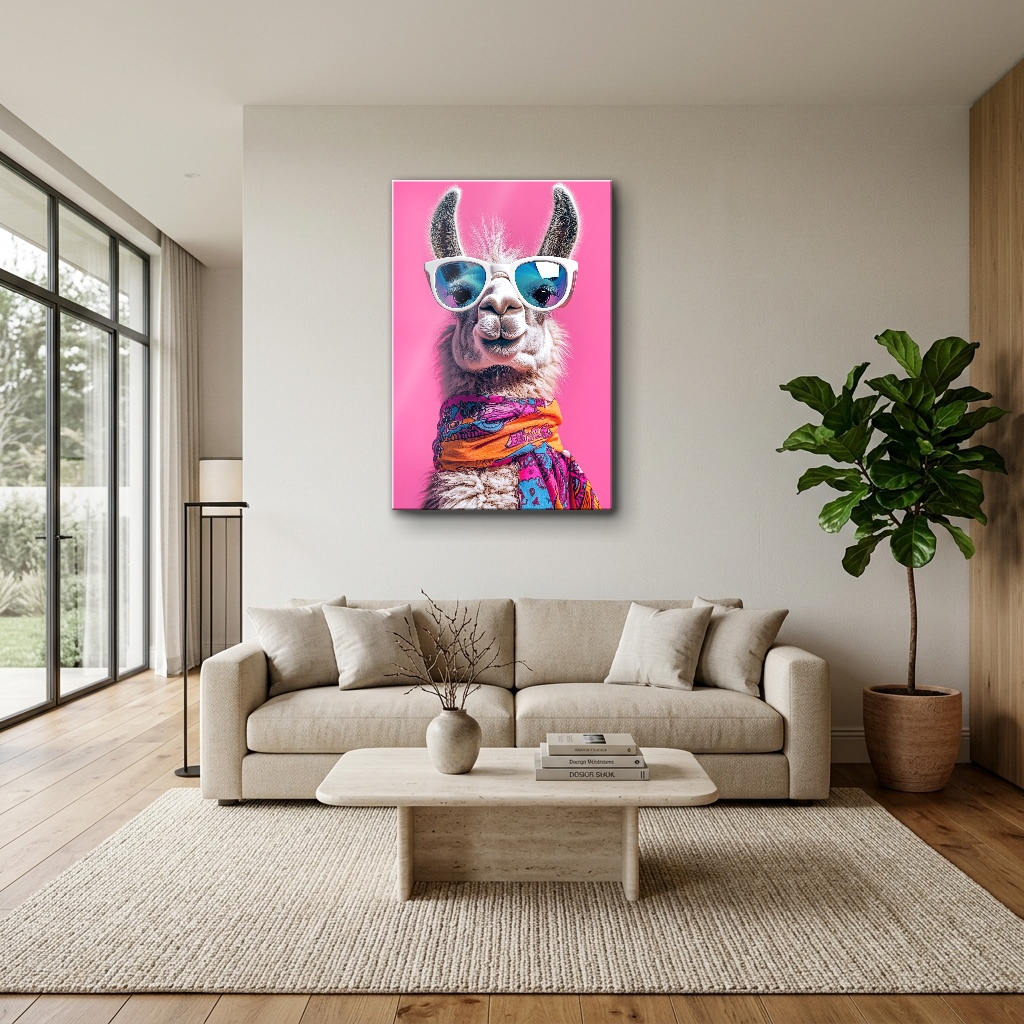 Pembe Zeminde Gözlüklü Neşeli Lama Cam Tablo - Modern Salon Görünümü Pembe Zeminde Gözlüklü Neşeli Lama dikey temperli cam tablo modelinin modern salon ve yaşam alanı duvar dekorasyonu görünümü