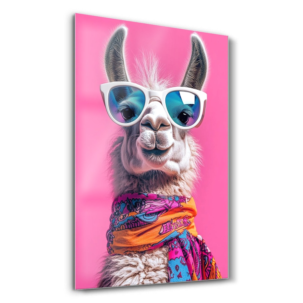Pembe Zeminde Gözlüklü Neşeli Lama - Dikey Cam Tablo Modelleri Pembe Zeminde Gözlüklü Neşeli Lama - Dikey Temperli Cam Tablo Modelleri ve Fiyatları | Tablobudur