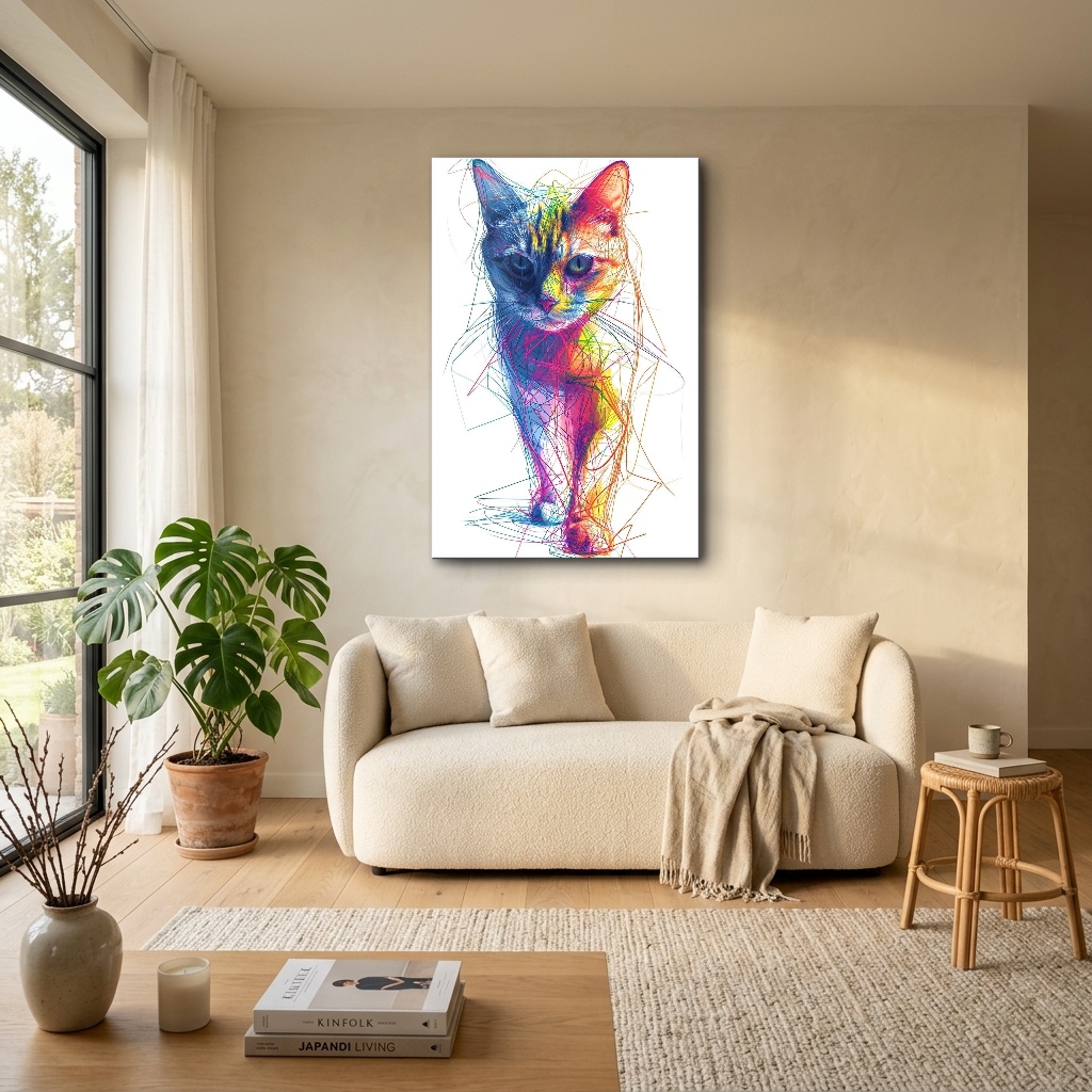 Prizmatik Renkli Modern Kedi Cam Tablo - Bohem Salon Görünümü Prizmatik Renkli Modern Kedi dikey temperli cam tablo modelinin bohem tarz salon ve oturma odası duvar dekorasyonu görünümü