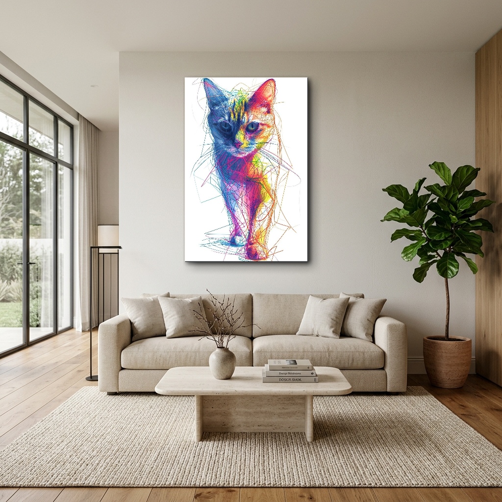 Prizmatik Renkli Modern Kedi Cam Tablo - Modern Salon Görünümü Prizmatik Renkli Modern Kedi dikey temperli cam tablo modelinin modern salon ve yaşam alanı duvar dekorasyonu görünümü