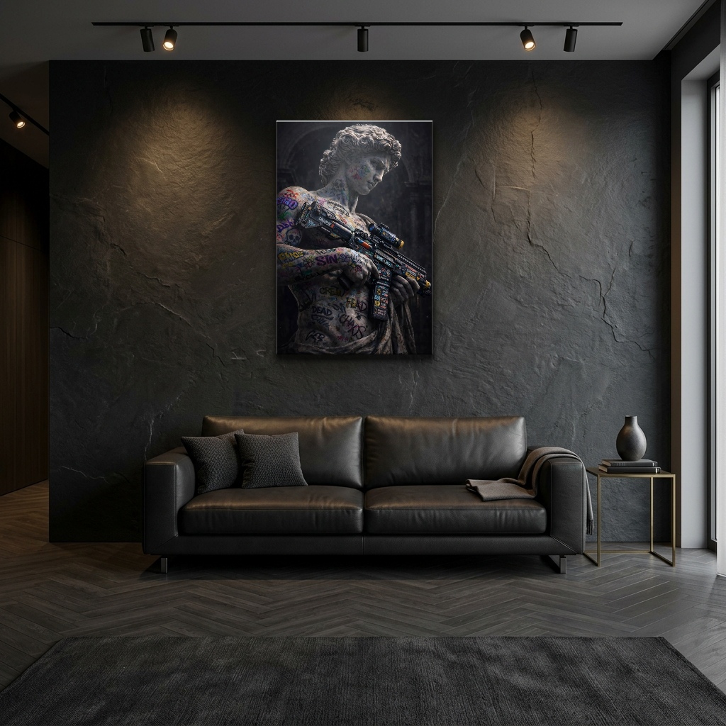 Siberpunk Dövmeli Savaşçı Karakter Cam Tablo - Modern Salon Görünümü Siberpunk Dövmeli Savaşçı Karakter dikey temperli cam tablo modelinin modern salon ve yaşam alanı duvar dekorasyonu görünümü