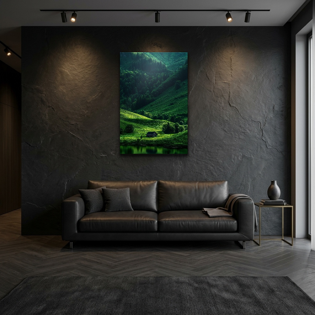 Sisli Yayla Yamaçlarında Ahşap Ev Cam Tablo - Modern Salon Görünümü Sisli Yayla Yamaçlarında Ahşap Ev dikey temperli cam tablo modelinin modern salon ve yaşam alanı duvar dekorasyonu görünümü
