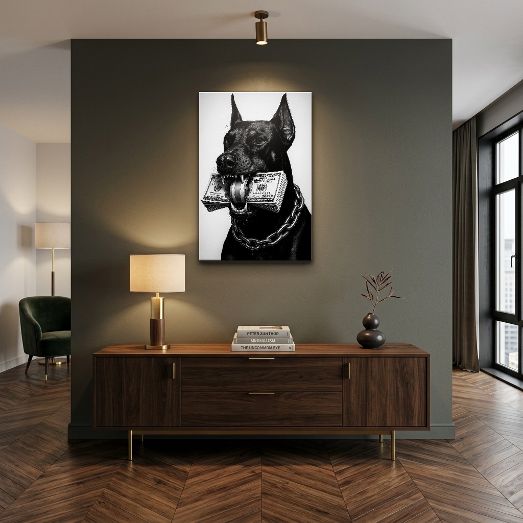 Sokak Stili Asil Doberman Pop Art Cam Tablo - Çalışma Odası ve Ofis Görünümü Sokak Stili Asil Doberman Pop Art dikey temperli cam tablo modelinin çalışma odası ve ofis duvar dekorasyonu görünümü