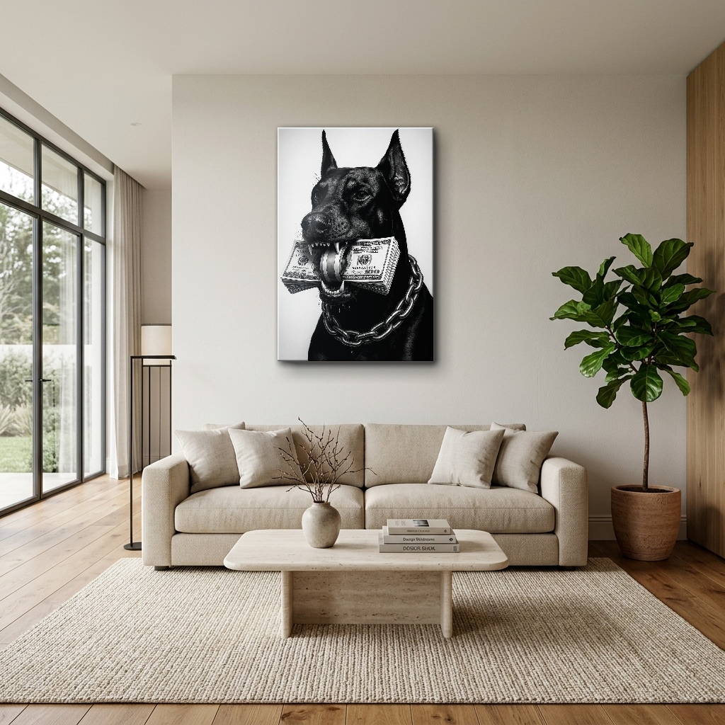 Sokak Stili Asil Doberman Pop Art Cam Tablo - Modern Salon Görünümü Sokak Stili Asil Doberman Pop Art dikey temperli cam tablo modelinin modern salon ve yaşam alanı duvar dekorasyonu görünümü