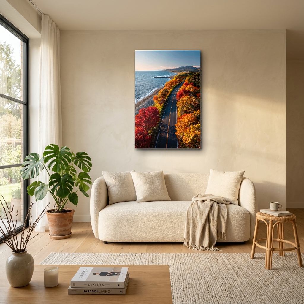 Sonbahar Kıyısında Panoramik Sahil Yolu Cam Tablo - Bohem Salon Görünümü Sonbahar Kıyısında Panoramik Sahil Yolu dikey temperli cam tablo modelinin bohem tarz salon ve oturma odası duvar dekorasyonu görünümü