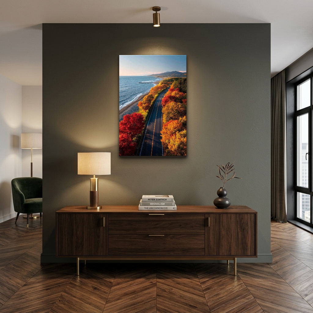 Sonbahar Kıyısında Panoramik Sahil Yolu Cam Tablo - Çalışma Odası ve Ofis Görünümü Sonbahar Kıyısında Panoramik Sahil Yolu dikey temperli cam tablo modelinin çalışma odası ve ofis duvar dekorasyonu görünümü