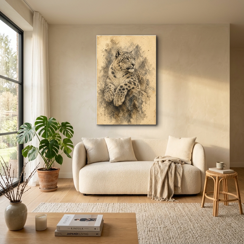 Suluboya Dokulu Benekli Kar Leoparı Cam Tablo - Bohem Salon Görünümü Suluboya Dokulu Benekli Kar Leoparı dikey temperli cam tablo modelinin bohem tarz salon ve oturma odası duvar dekorasyonu görünümü