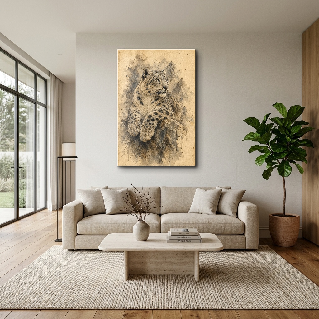 Suluboya Dokulu Benekli Kar Leoparı Cam Tablo - Modern Salon Görünümü Suluboya Dokulu Benekli Kar Leoparı dikey temperli cam tablo modelinin modern salon ve yaşam alanı duvar dekorasyonu görünümü