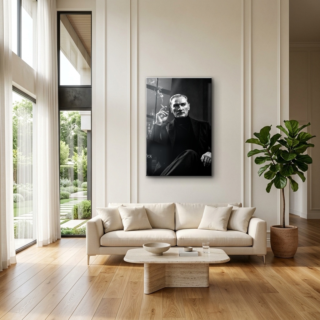 Ufka Bakan Düşünceli Mustafa Kemal dikey temperli cam tablo modelinin modern salon ve yaşam alanı duvar dekorasyonu görünümü