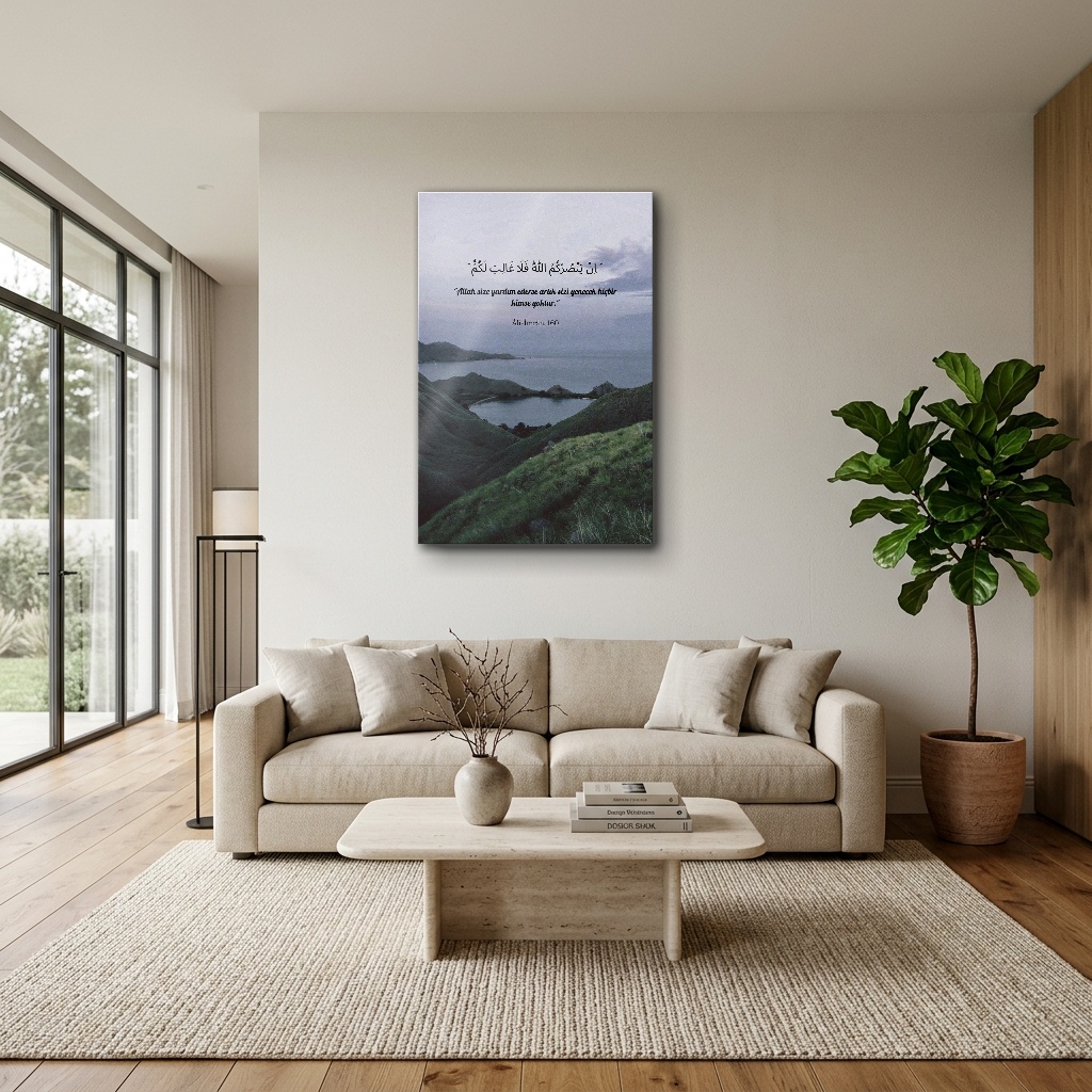 Ali İmran Suresi İlahi Yardım Ayeti Cam Tablo - Modern Salon Görünümü Ali İmran Suresi İlahi Yardım Ayeti dikey temperli cam tablo modelinin modern salon ve yaşam alanı duvar dekorasyonu görünümü