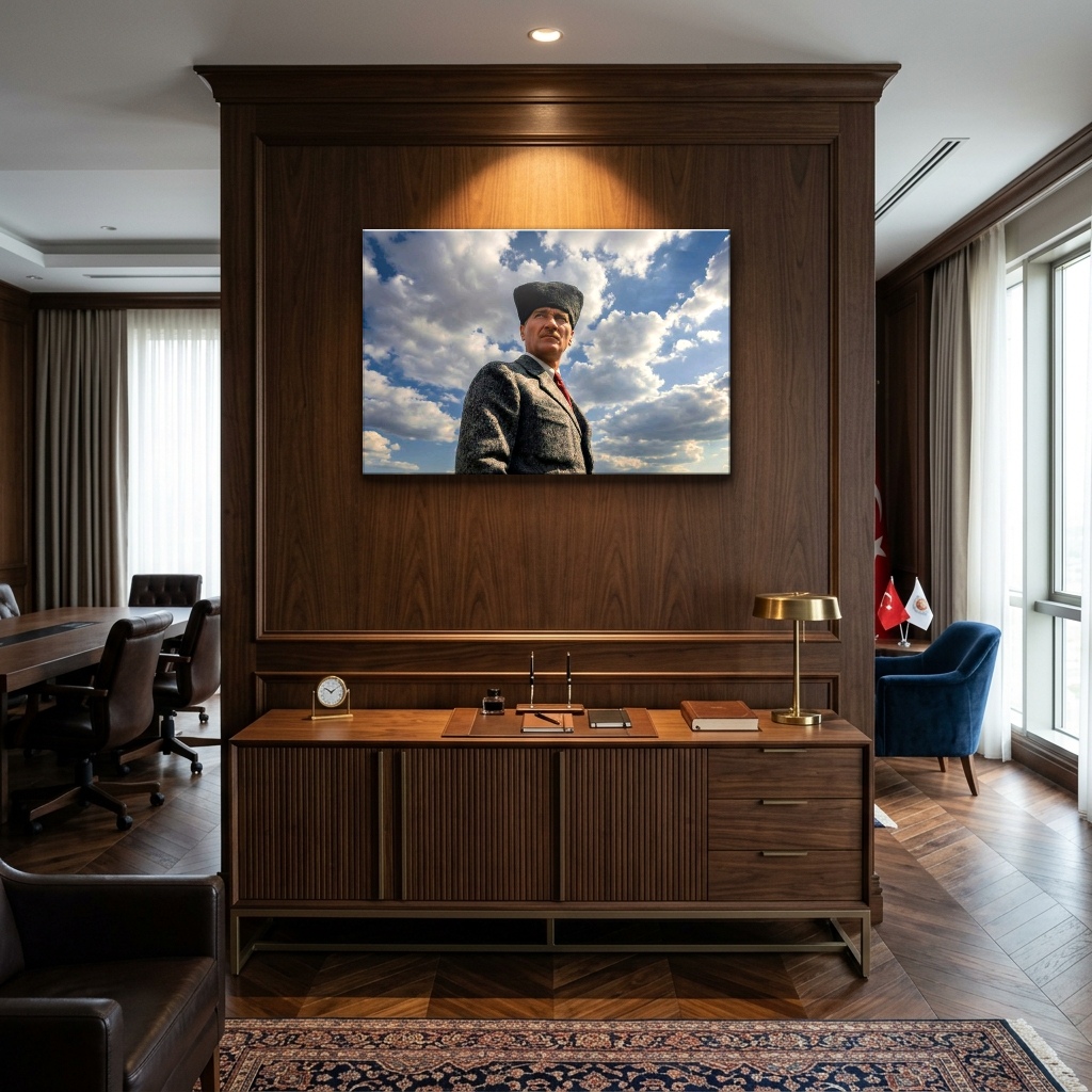 Anadolu Semalarında Mustafa Kemal Atatürk Cam Tablo - Çalışma Odası ve Ofis Görünümü Anadolu Semalarında Mustafa Kemal Atatürk yatay temperli cam tablo modelinin çalışma odası ve ofis duvar dekorasyonu görünümü