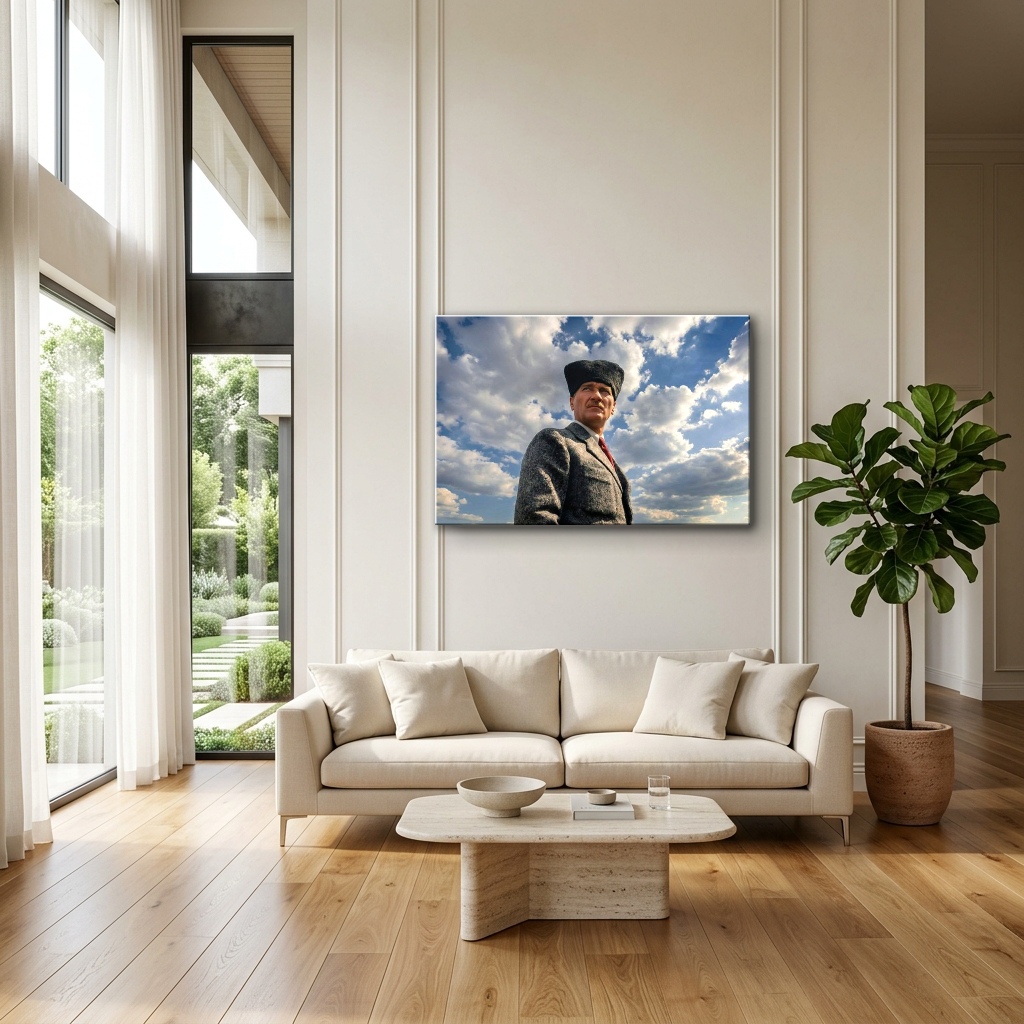 Anadolu Semalarında Mustafa Kemal Atatürk Cam Tablo - Modern Salon Görünümü Anadolu Semalarında Mustafa Kemal Atatürk yatay temperli cam tablo modelinin modern salon ve yaşam alanı duvar dekorasyonu görünümü