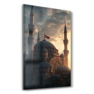 Ay Yıldızlı Al Bayrak ve Cami Silüeti - Dikey Temperli Cam Tablo Modelleri ve Fiyatları | Tablobudur