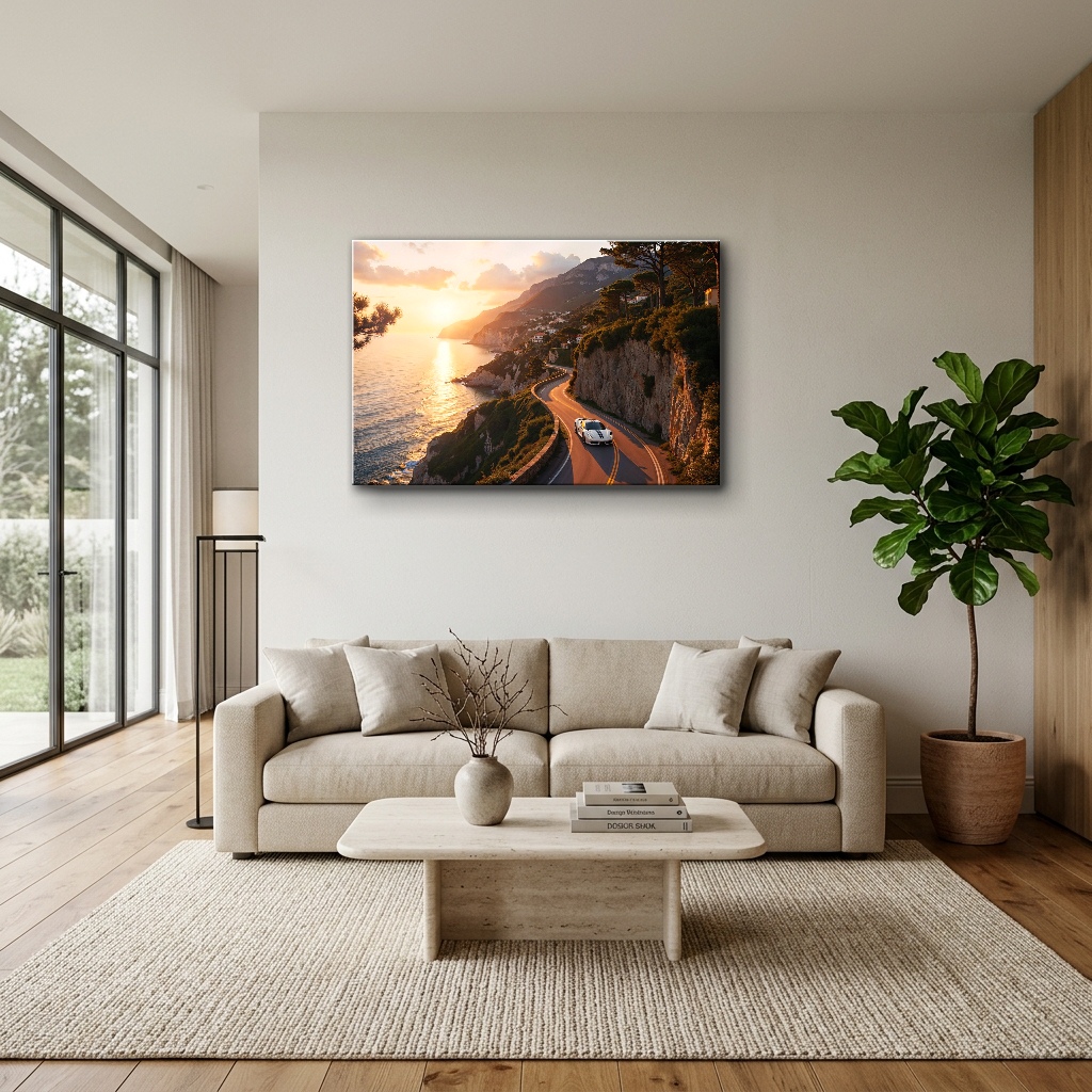 Ege Kıyı Yolu ve Akşam Güneşi Cam Tablo - Modern Salon Görünümü Ege Kıyı Yolu ve Akşam Güneşi yatay temperli cam tablo modelinin modern salon ve yaşam alanı duvar dekorasyonu görünümü