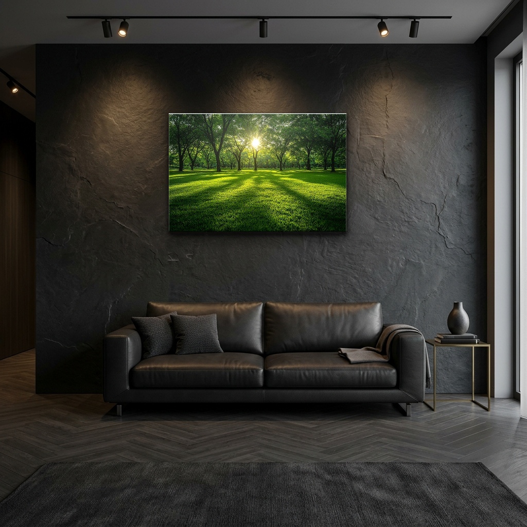 Güneş huzmeli Zümrüt Koruluk Cam Tablo - Koyu Tonlu Salon Görünümü Güneş huzmeli Zümrüt Koruluk yatay temperli cam tablo modelinin koyu tonlu modern salon duvar dekorasyonu görünümü