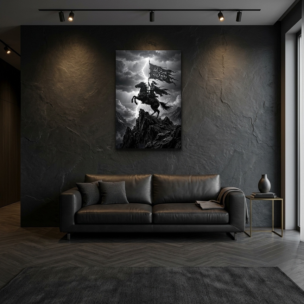 Karanlığı Yaran Sancaktar Süvari dikey temperli cam tablo modelinin modern salon ve yaşam alanı duvar dekorasyonu görünümü