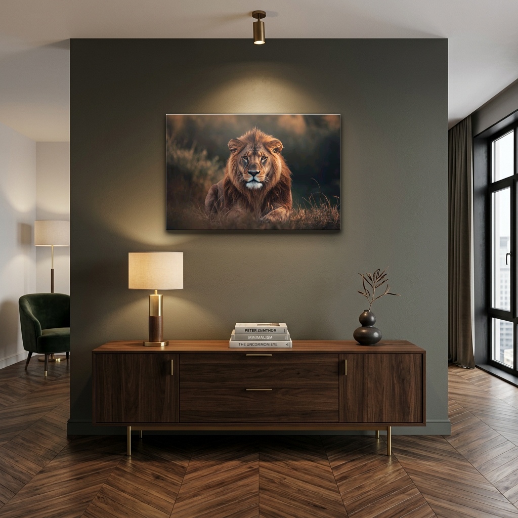 Karanlık Kontrastta Asil Aslan Portresi Cam Tablo - Çalışma Odası ve Ofis Görünümü Karanlık Kontrastta Asil Aslan Portresi yatay temperli cam tablo modelinin çalışma odası ve ofis duvar dekorasyonu görünümü