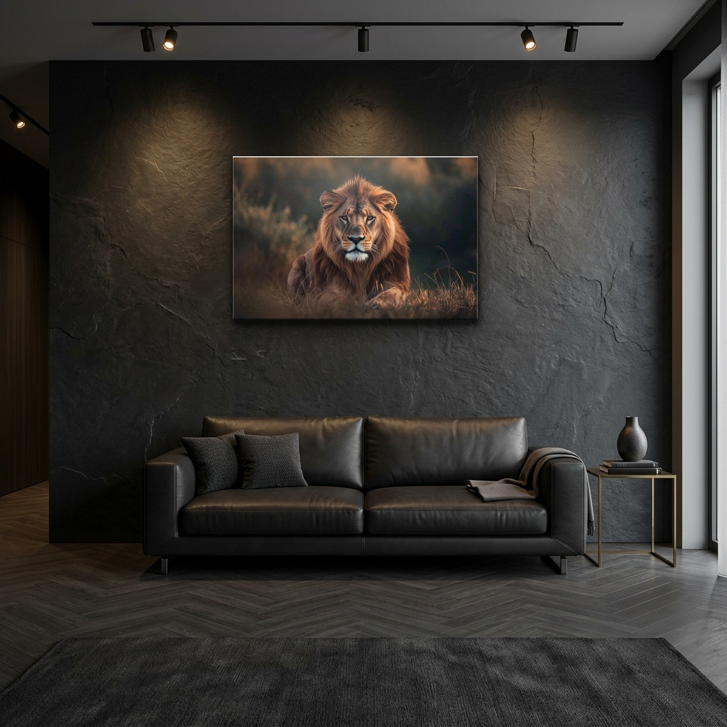 Karanlık Kontrastta Asil Aslan Portresi Cam Tablo - Koyu Tonlu Salon Görünümü Karanlık Kontrastta Asil Aslan Portresi yatay temperli cam tablo modelinin koyu tonlu modern salon duvar dekorasyonu görünümü