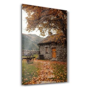Kızıl Yapraklar Arasında Taş Kır Evi - Dikey Temperli Cam Tablo Modelleri ve Fiyatları | Tablobudur