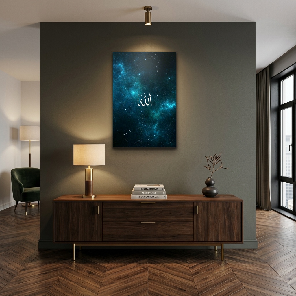 Kozmik Samanyolu Üzerinde Allah Lafzı Cam Tablo - Çalışma Odası ve Ofis Görünümü Kozmik Samanyolu Üzerinde Allah Lafzı dikey temperli cam tablo modelinin çalışma odası ve ofis duvar dekorasyonu görünümü