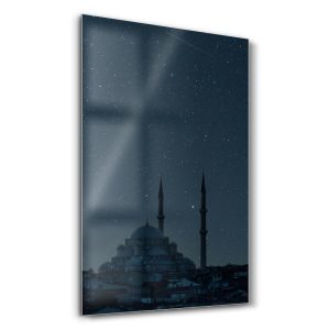 Mehtaplı Gecede Minare ve Kubbe Silüeti - Dikey Temperli Cam Tablo Modelleri ve Fiyatları | Tablobudur