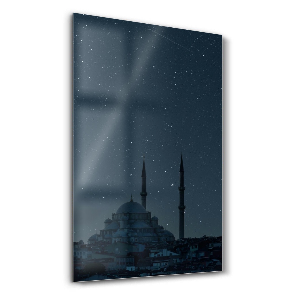 Mehtaplı Gecede Minare ve Kubbe Silüeti - Dikey Cam Tablo Modelleri Mehtaplı Gecede Minare ve Kubbe Silüeti - Dikey Temperli Cam Tablo Modelleri ve Fiyatları | Tablobudur