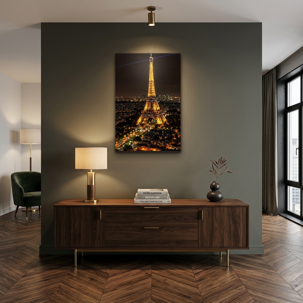 Paris Gecesinde Işıltılı Eyfel Kulesi Cam Tablo - Çalışma Odası ve Ofis Görünümü Paris Gecesinde Işıltılı Eyfel Kulesi dikey temperli cam tablo modelinin çalışma odası ve ofis duvar dekorasyonu görünümü