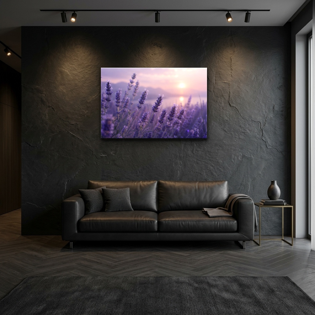 Provence Lavanta Vadisinde Günbatımı Cam Tablo - Koyu Tonlu Salon Görünümü Provence Lavanta Vadisinde Günbatımı yatay temperli cam tablo modelinin koyu tonlu modern salon duvar dekorasyonu görünümü