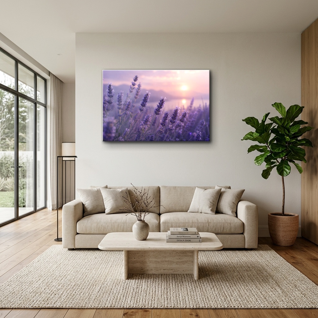 Provence Lavanta Vadisinde Günbatımı Cam Tablo - Modern Salon Görünümü Provence Lavanta Vadisinde Günbatımı yatay temperli cam tablo modelinin modern salon ve yaşam alanı duvar dekorasyonu görünümü