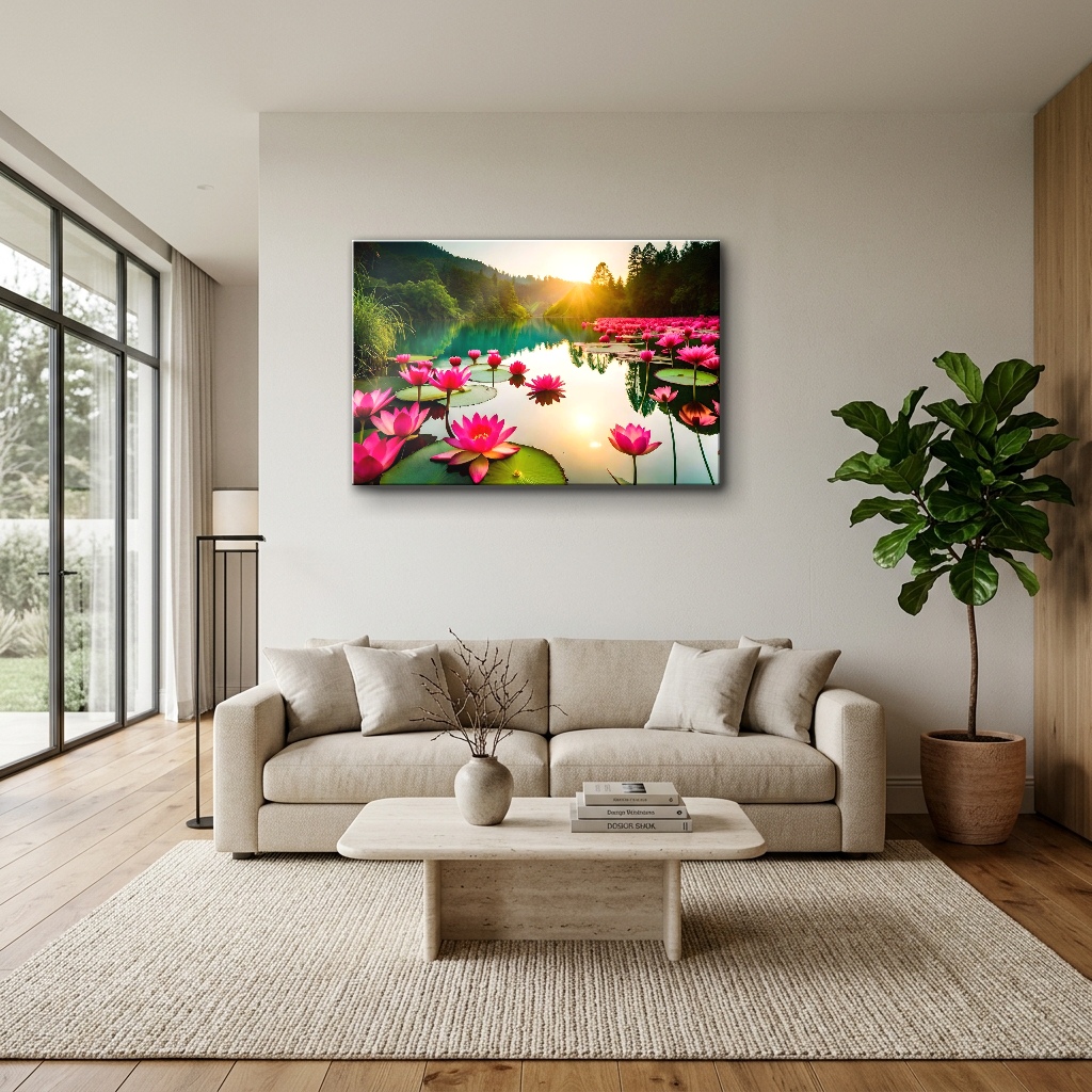 Şafak Işığında Renkli Su Nilüferleri Cam Tablo - Modern Salon Görünümü Şafak Işığında Renkli Su Nilüferleri yatay temperli cam tablo modelinin modern salon ve yaşam alanı duvar dekorasyonu görünümü