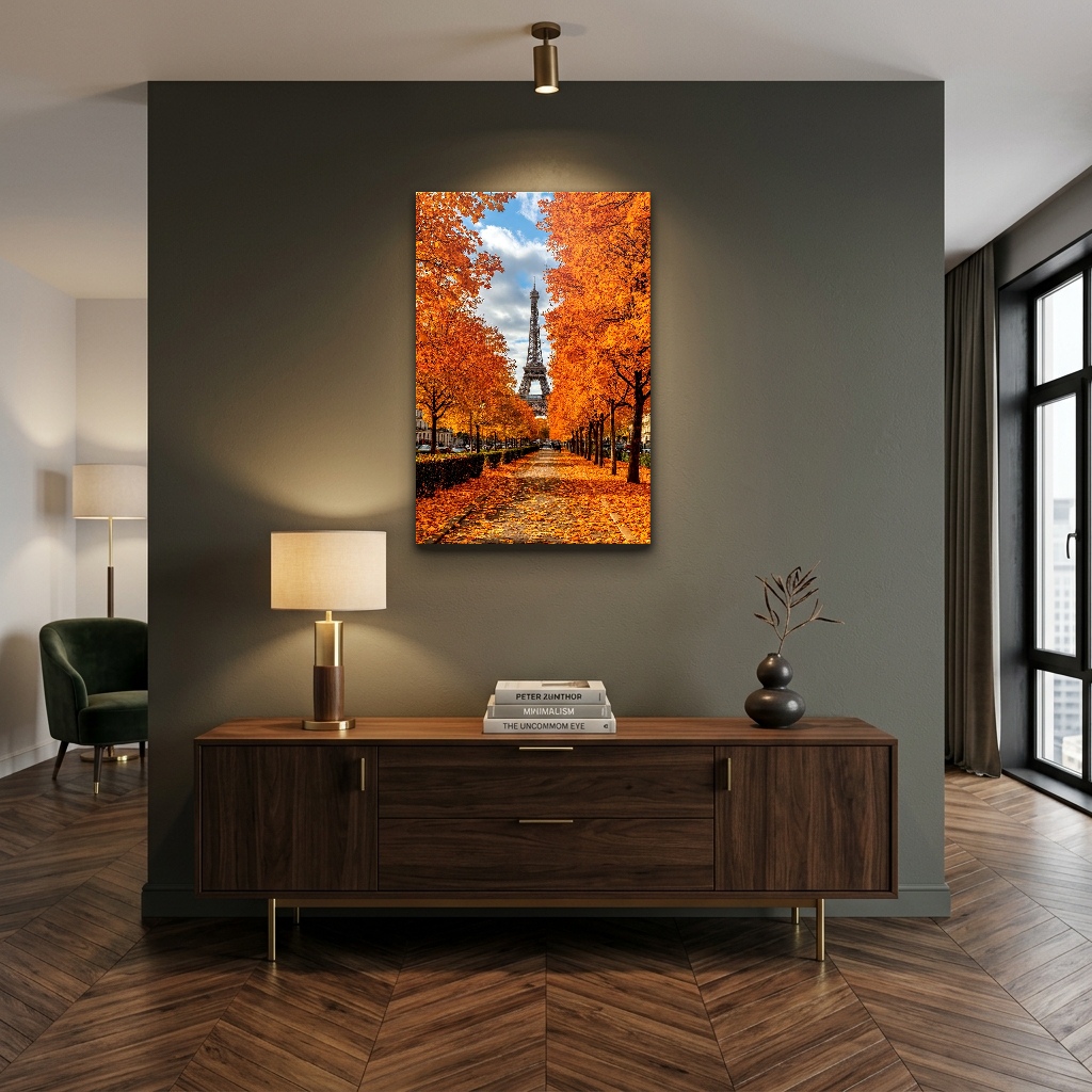 Sonbahar Yapraklı Paris Bulvarı ve Eyfel Cam Tablo - Çalışma Odası ve Ofis Görünümü Sonbahar Yapraklı Paris Bulvarı ve Eyfel dikey temperli cam tablo modelinin çalışma odası ve ofis duvar dekorasyonu görünümü