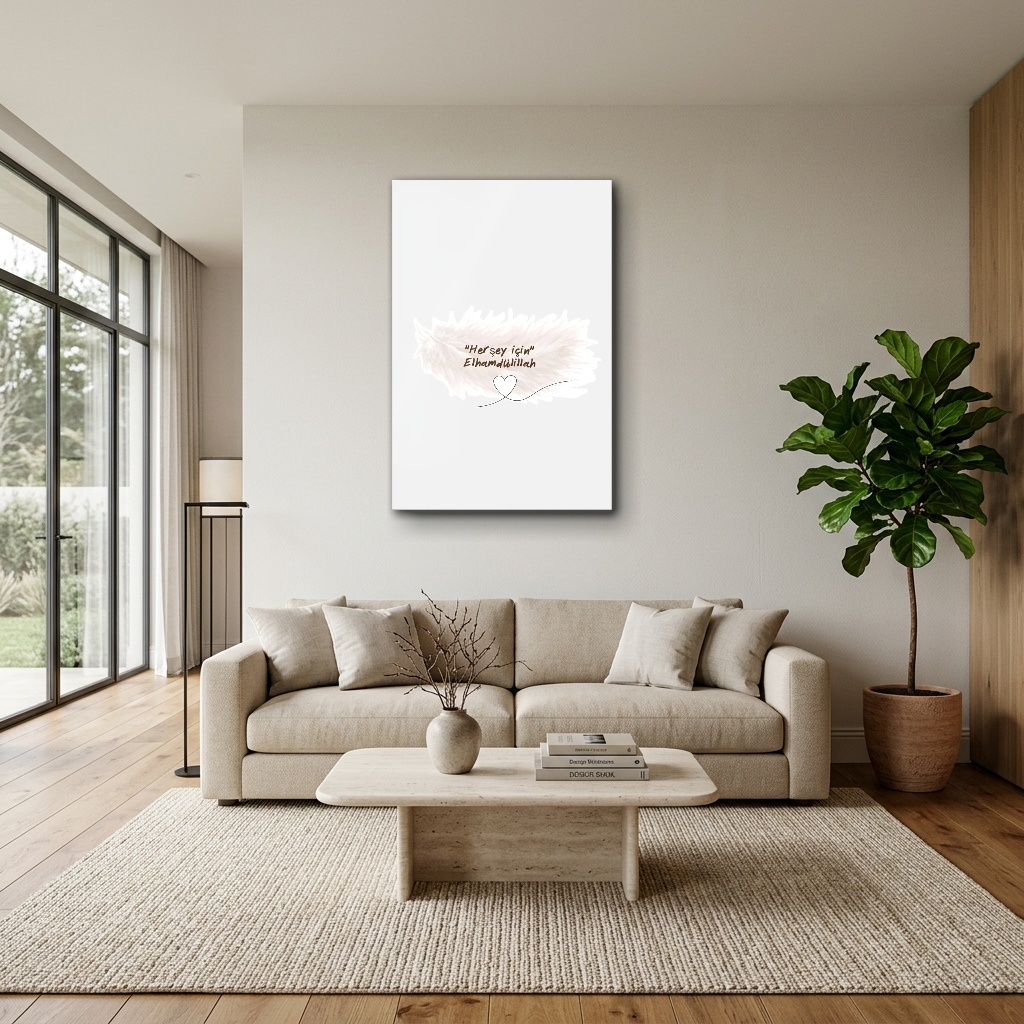 Şükür ve Elhamdülillah Modern Hat dikey temperli cam tablo modelinin modern salon ve yaşam alanı duvar dekorasyonu görünümü