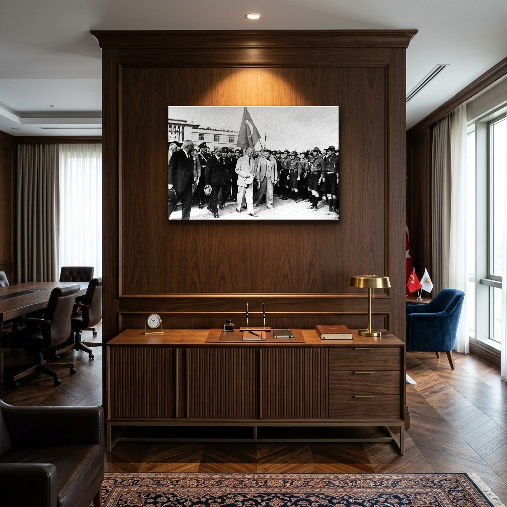 Yurt Gezisinde Mustafa Kemal Atatürk Cam Tablo - Çalışma Odası ve Ofis Görünümü Yurt Gezisinde Mustafa Kemal Atatürk yatay temperli cam tablo modelinin çalışma odası ve ofis duvar dekorasyonu görünümü
